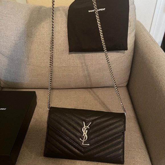 Saint Laurent Cassandre Matelasse Wallet on a Chain Black with Silver Hardware - Picture 10 of 11